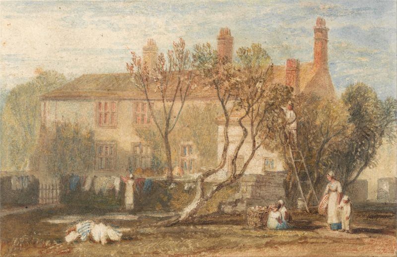 Steeton Manor House, Near Farnley de Joseph Mallord William Turner, pintura a óleo que retrata uma mansão com nuvens.