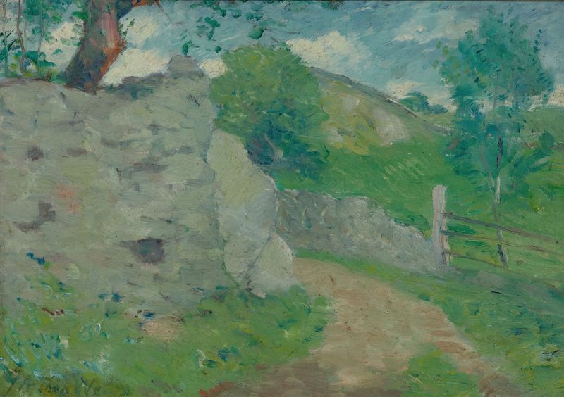 A French Country Lane de Julian Alden Weir, pintura al óleo que muestra luz a través del follaje verde.