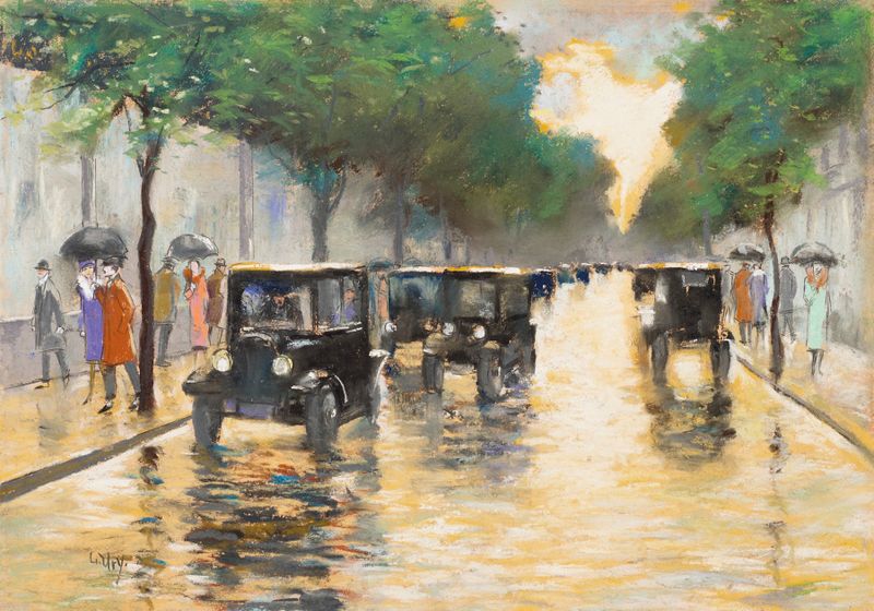 Paisaje impresionista de Lesser Ury, que muestra un follaje vibrante y luz en Tiergartenstrasse, Berlín.