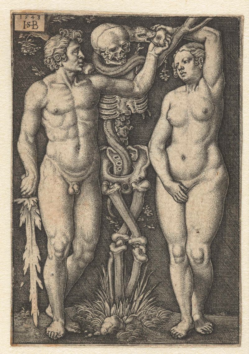 Gravura de Hans Sebald Beham retratando Adão e Eva com a morte à espreita.