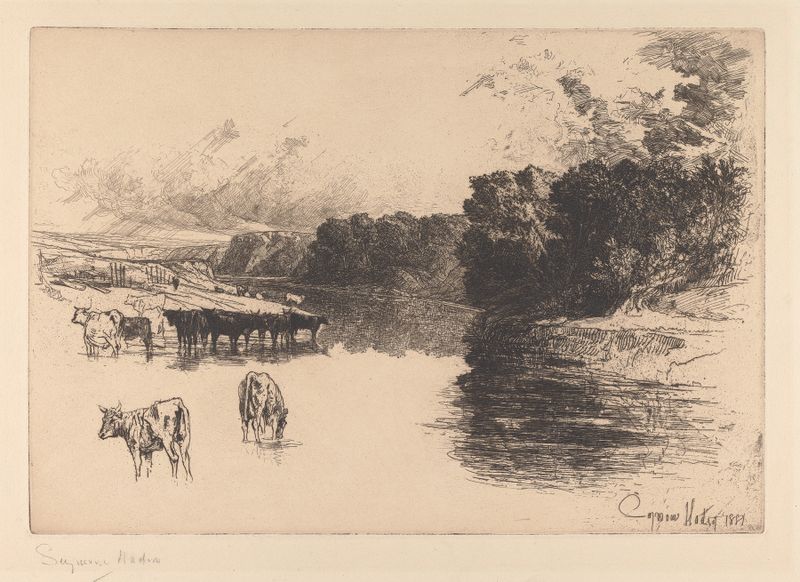 A Lancashire River engraving by Francis Seymour Haden depicting a tranquil river landscape.
