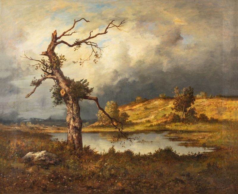 Oil painting by Leon Richet depicting a stormy landscape with clouds and trees.