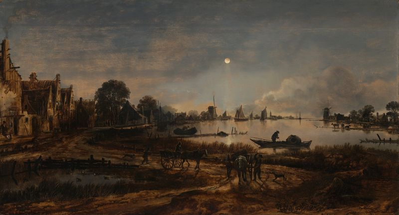 River View by Moonlight, óleo sobre panel de Aert van der Neer, que representa un río iluminado por la luna con patos.