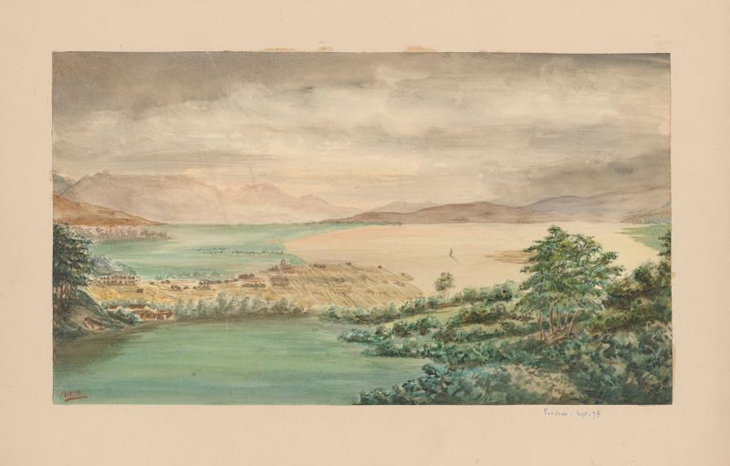 Watercolour by Auguste Mouillesaux de Bernières depicting a serene landscape.