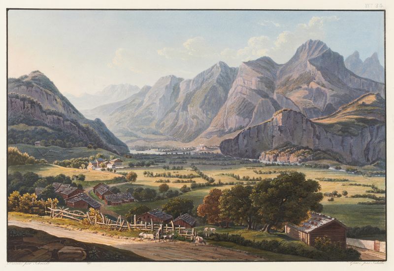 Paisaje con montañas y valle, óleo sobre lienzo de Johann Ludwig Bleuler
