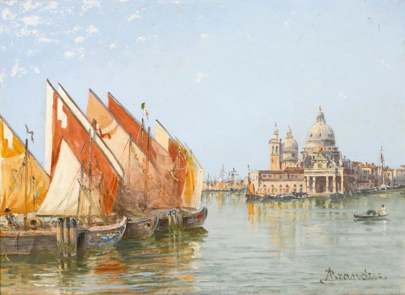 Barcos de pesca na água, óleo sobre tela de Antonietta Brandeis