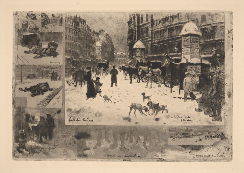 L’Hiver de 1879 a Paris by Félix Hilaire Buhot, genre scene depicting a winter street in Paris