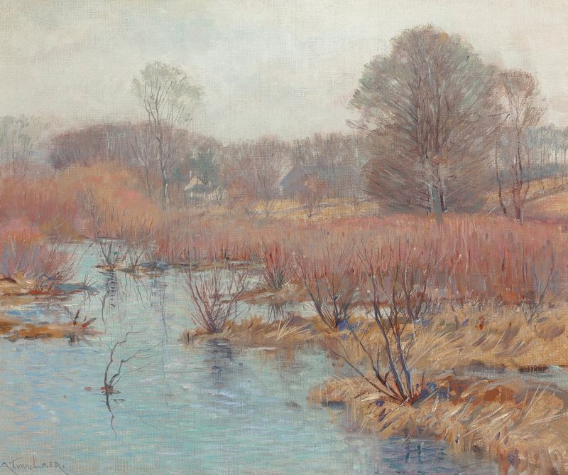 Spring Wetlands óleo de Alexander Theobald Van Laer, retratando águas calmas e reflexos do amanhecer.