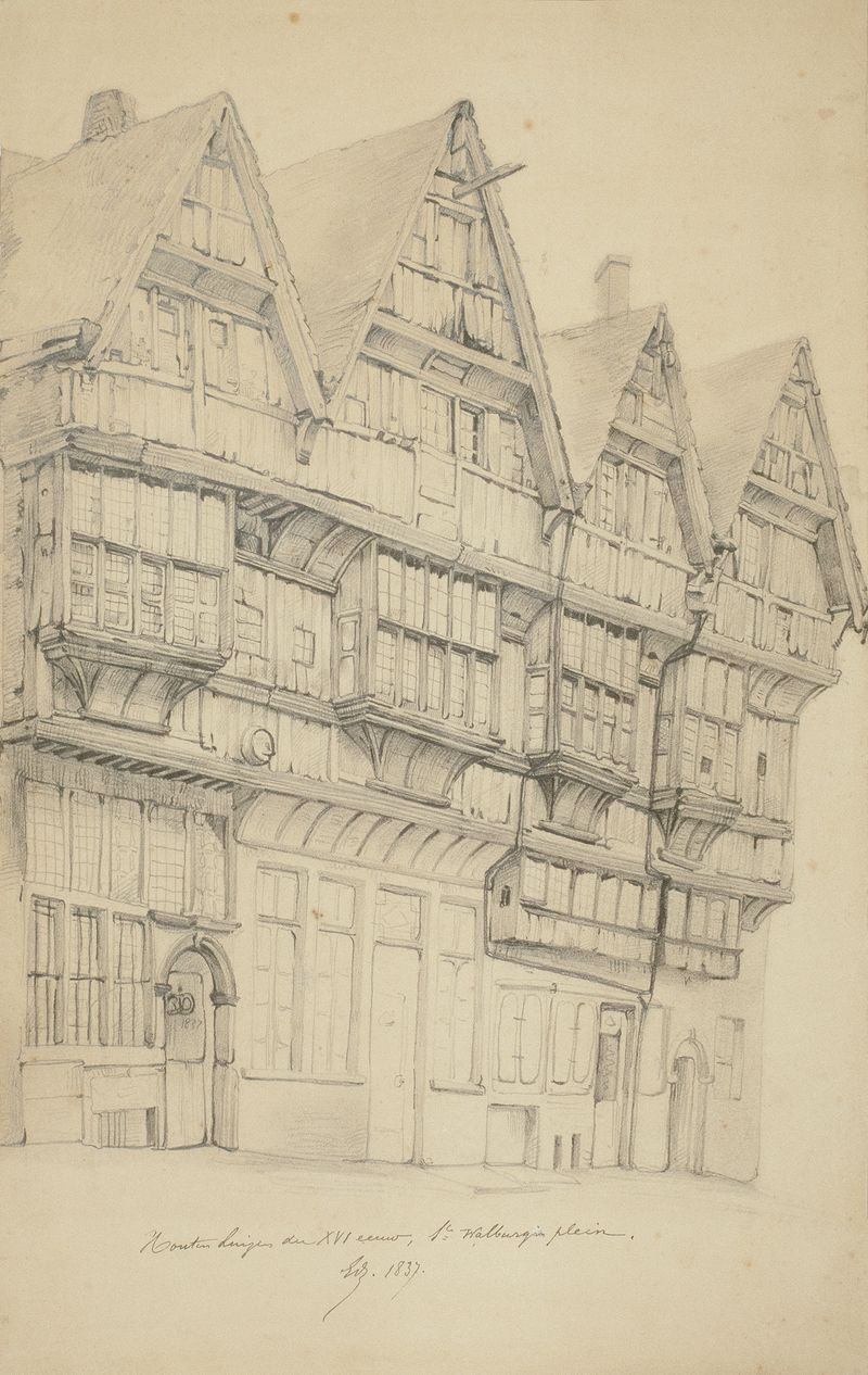 Houten huizen der XVI eeuw, Sint-Walburgisplein by Edward Dujardin, oil painting