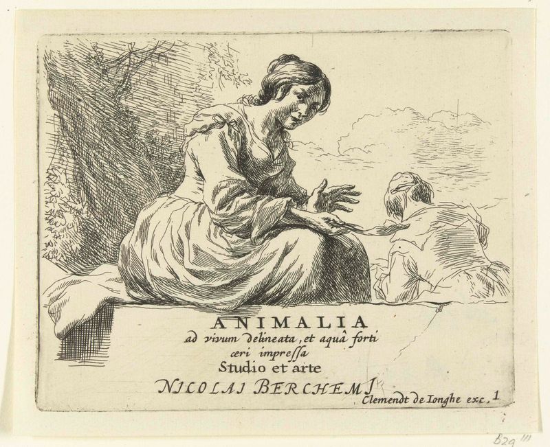 Jonge vrouw zittend op een steen, gravura de Nicolaes Pietersz Berchem, apresentando uma jovem em uma rocha.