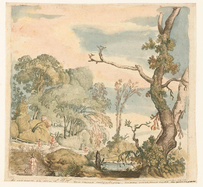 Landschap met bomen, grabado de Esaias van de Velde, que representa un paisaje sereno con árboles.