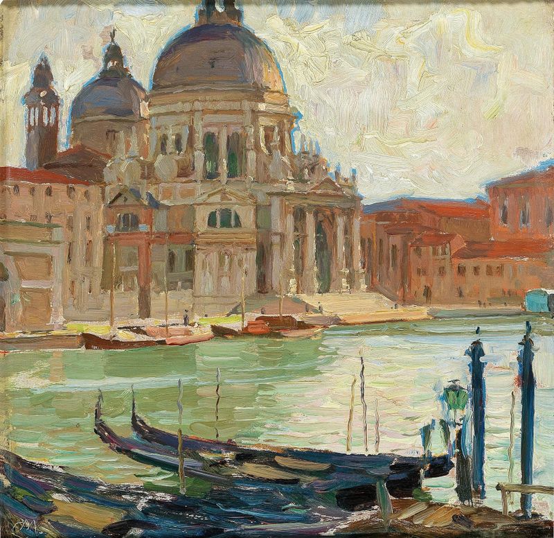 Oil painting by Carl Moll depicting a Venetian church reflecting in water.