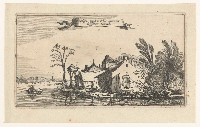 Grabado de Unknown Artist que representa una granja junto a un río al atardecer
