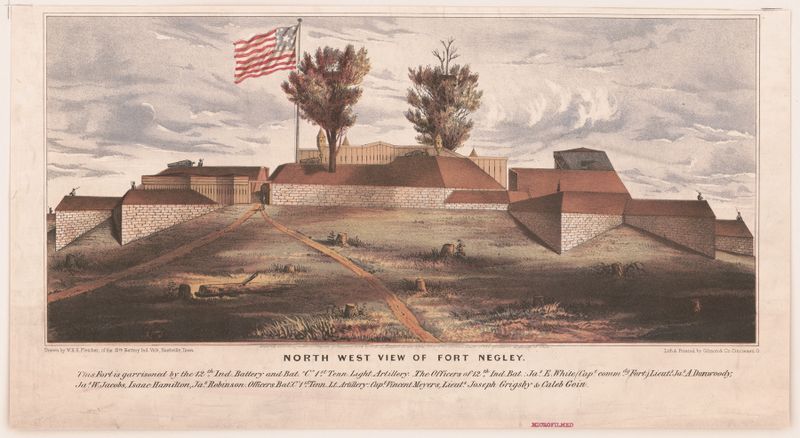 North west view of Fort Negley lithograph by Gibson & Co. Lith depicting a fort at twilight.