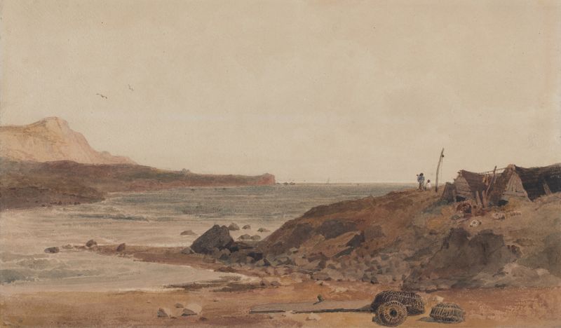 Coast Scene de Peter DeWint, pintura al óleo que representa olas rompiendo y luz dorada