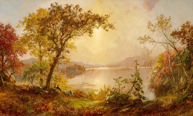 Greenwood Lake, Autumn on the Hudson by Jasper Francis Cropsey, oil painting depicting autumn trees and lake reflection