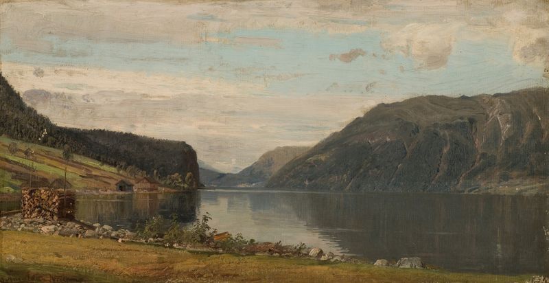 Romanticism landscape of Kirkhorn. Hornindalsvann by Amaldus Nielsen, depicting a serene lake and mountains.