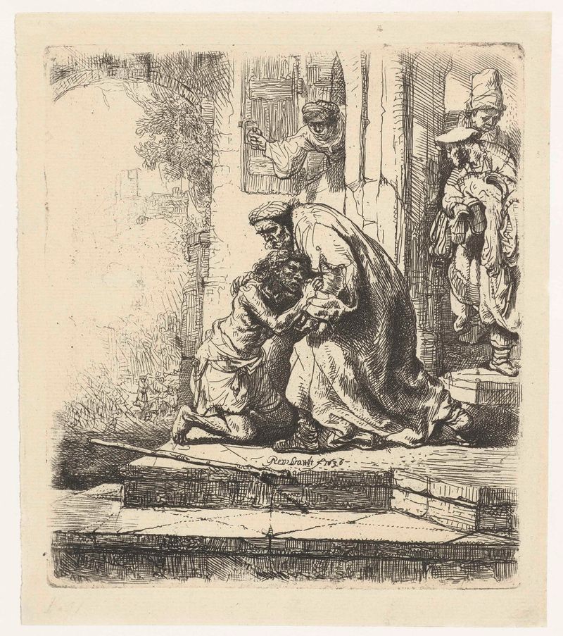 Father embraces his son in an etching by Rembrandt van Rijn