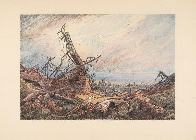 Landscape depicting industrial scene with light and shadow by E. Tatin