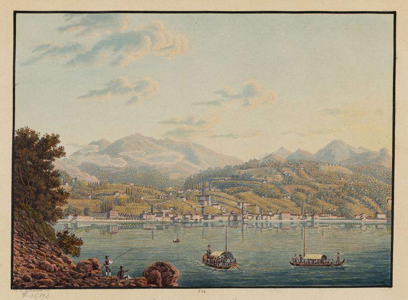 Vue de la ville de Lugano, pintura al óleo de David Alois Schmid que representa un paisaje tranquilo.