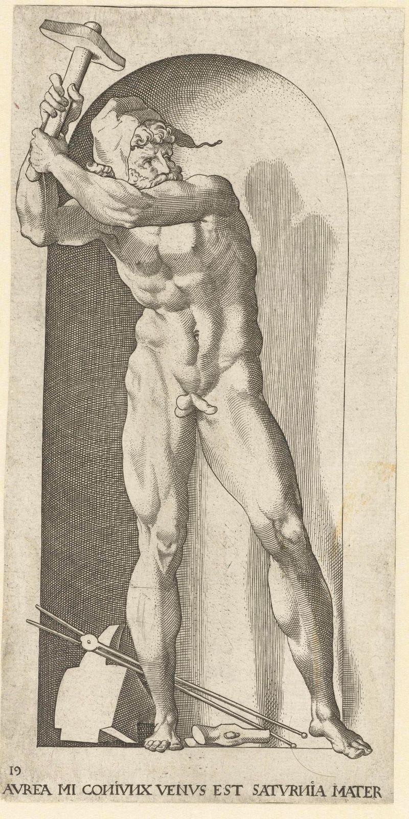 Gravura de Jacob Binck mostrando Vulcano e assistentes forjando com fundo vermelho vibrante.
