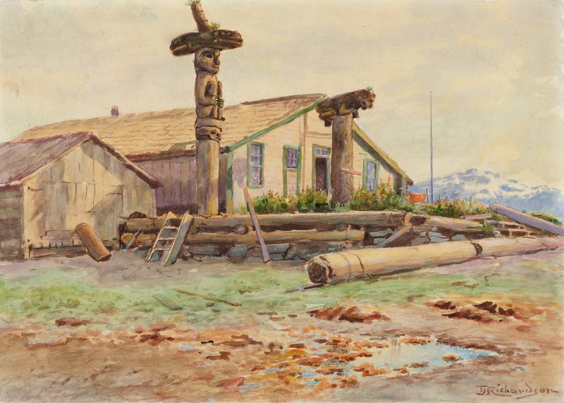 Chief’s House, Wrangell de Theodore J. Richardson, realismo, que representa una estructura de madera desgastada bajo un ci...