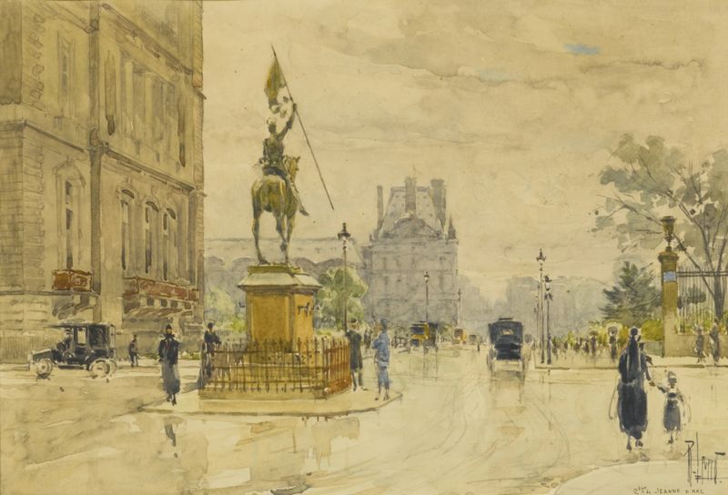 oil painting by Réné Leverd depicting a quiet Paris street with rain-soaked cobblestones