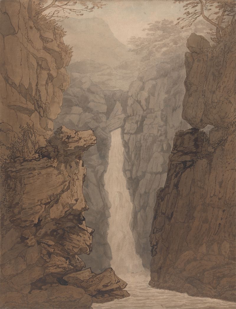 Cachoeira no Lake District por Joseph Farington, pintura a óleo que retrata uma cachoeira e uma paisagem serena.
