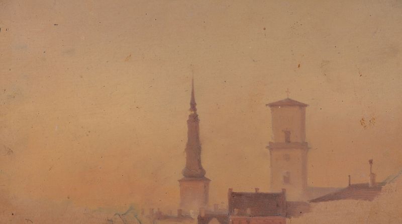 Landscape featuring sand and bridge, oil painting by Vilhelm Petersen, 1846