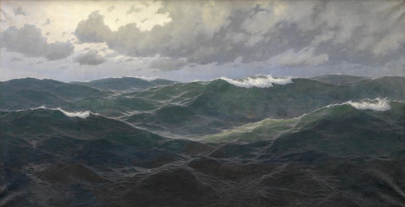 Marine artwork by Max Jensen, featuring vibrant waves in blue and gold.