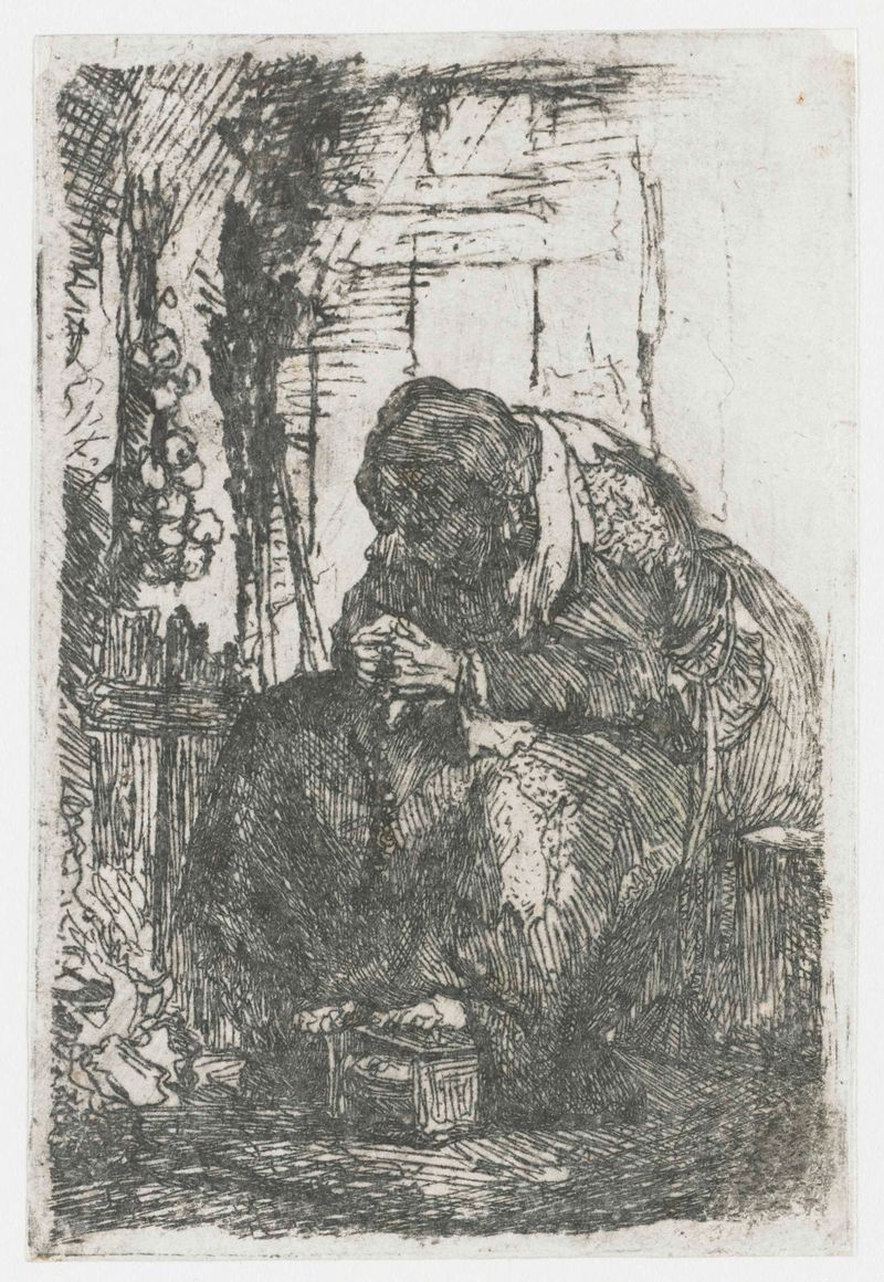 Vieja Mujer Sentada en una Cabaña, con un Ramo de Cebollas, grabado de Rembrandt van Rijn