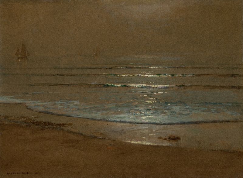 Playa y Olas a la Luz de la Luna, pintura al óleo de Harry Van Der Weyden