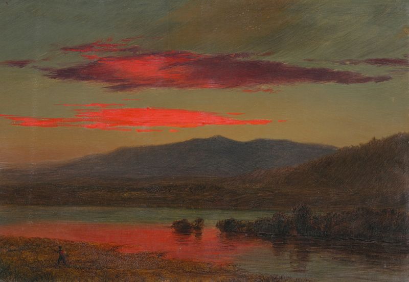 Sunset, Hudson, New York de Frederic Edwin Church, pintura a óleo que retrata um vibrante pôr do sol sobre um rio.