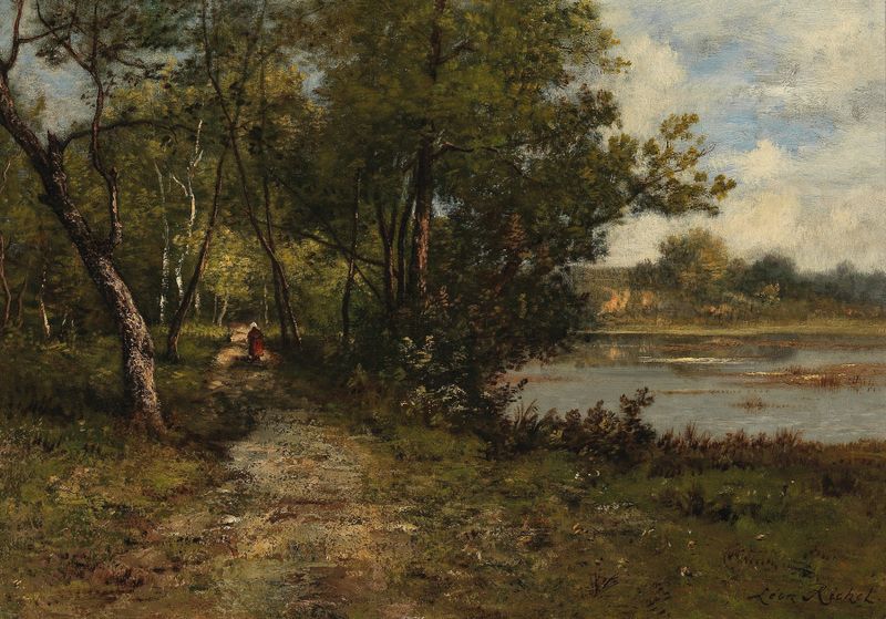 Oil painting by Leon Richet depicting a shimmering river and lush foliage