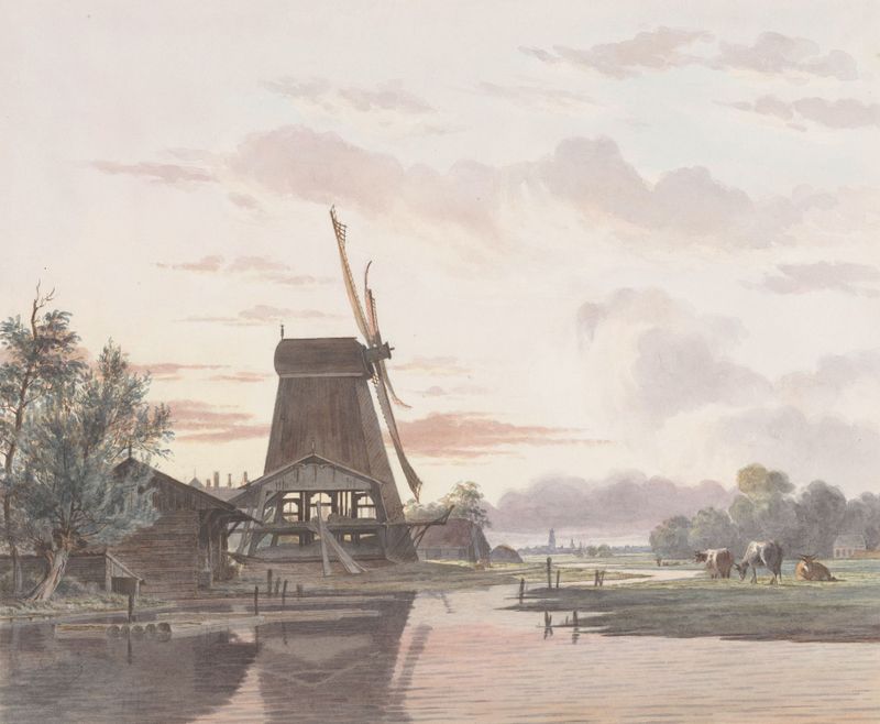 Houtzaagmolen by Hendrik Abraham Klinkhamer, oil on canvas depicting a windmill in a tranquil landscape.