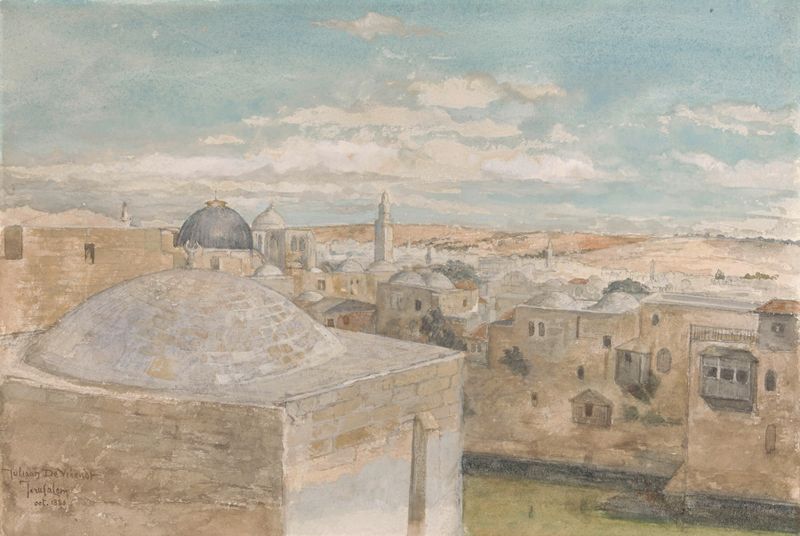 Jerusalém de Juliaan De Vriendt, óleo sobre tela, retratando arquitetura antiga e luz.