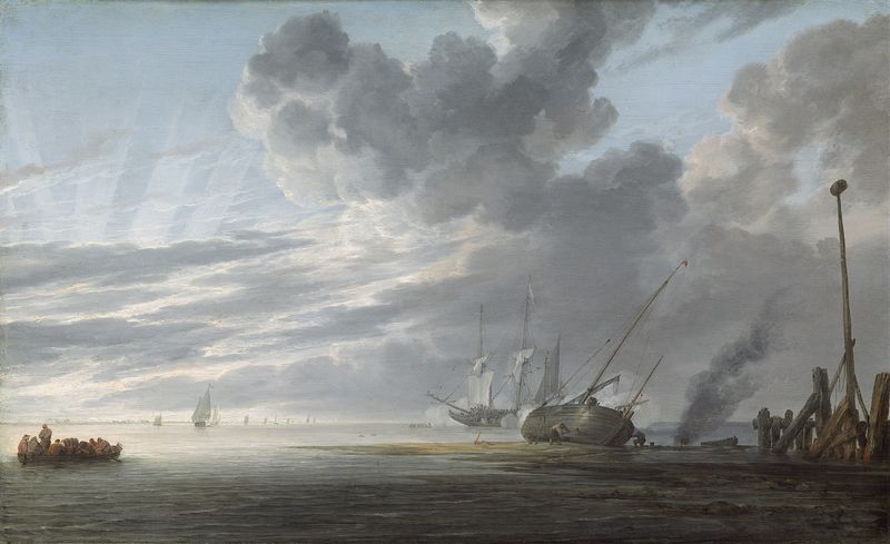 Estuary at Day’s End by Simon de Vlieger, oil on canvas, depicting a tranquil river landscape at twilight.