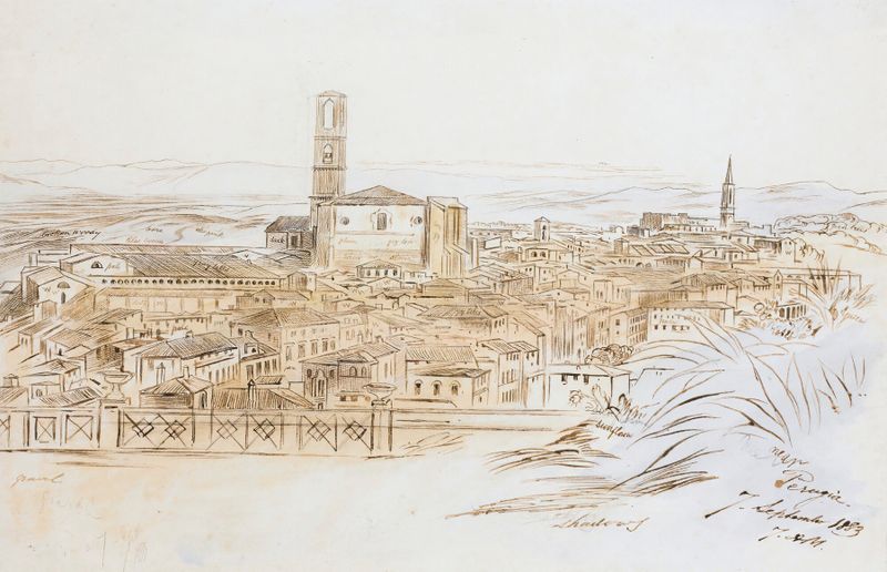 Landscape of Perugia, Italy by Edward Lear, 1883, showcasing sunlight illuminating rooftops.
