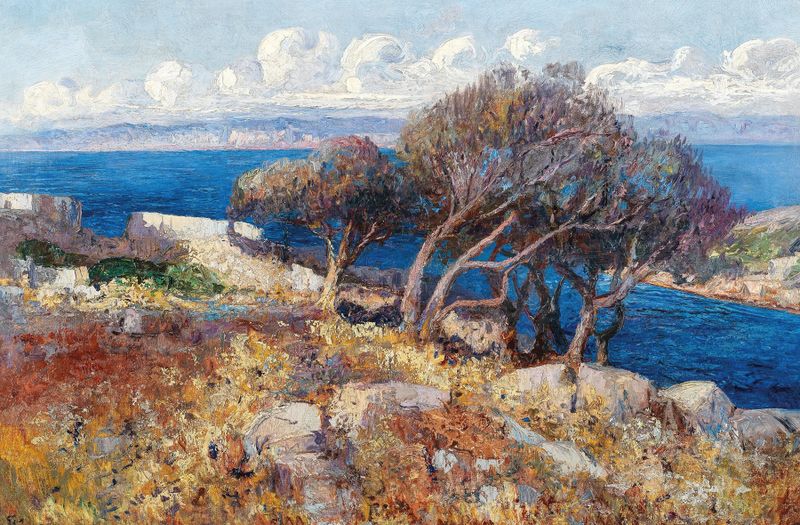 Coastal landscape with waves and grasses, oil on canvas by Leontine von Littrow