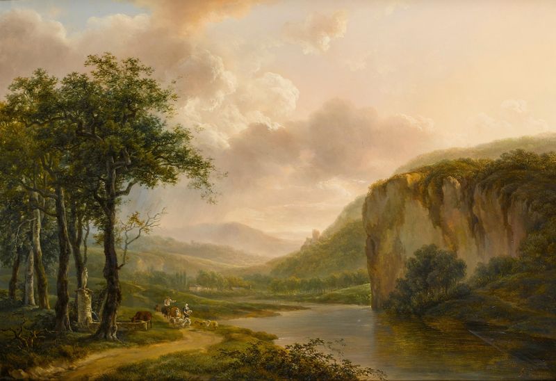 Figures on a country road, oil painting by Henri van Assche, depicting figures walking along a serene road.