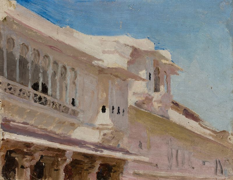 Udaipur – houses de Jan Ciągliński, mostrando techos y un lago, pintura al óleo