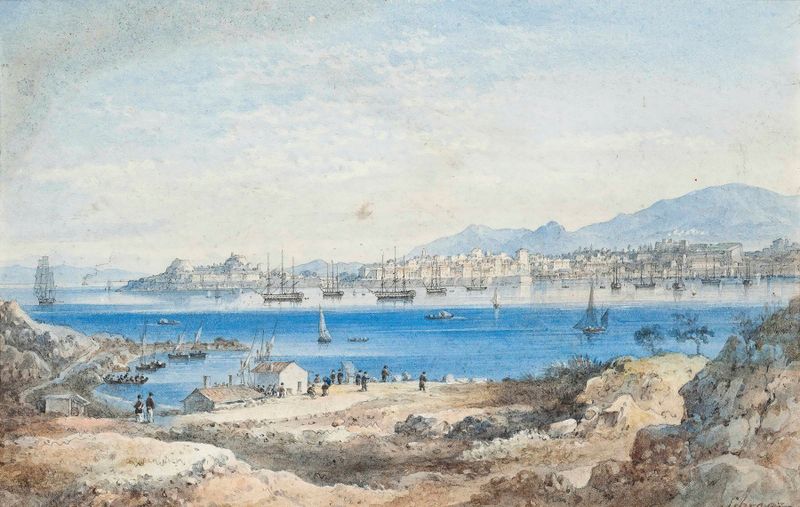 Cena marinha com navios ancorados, óleo sobre tela de Joseph Schranz