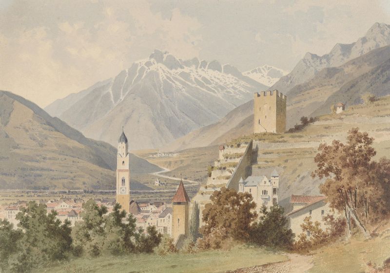 Paisaje de Wilhelm Pollak, que representa Meran con colinas y luz suave.