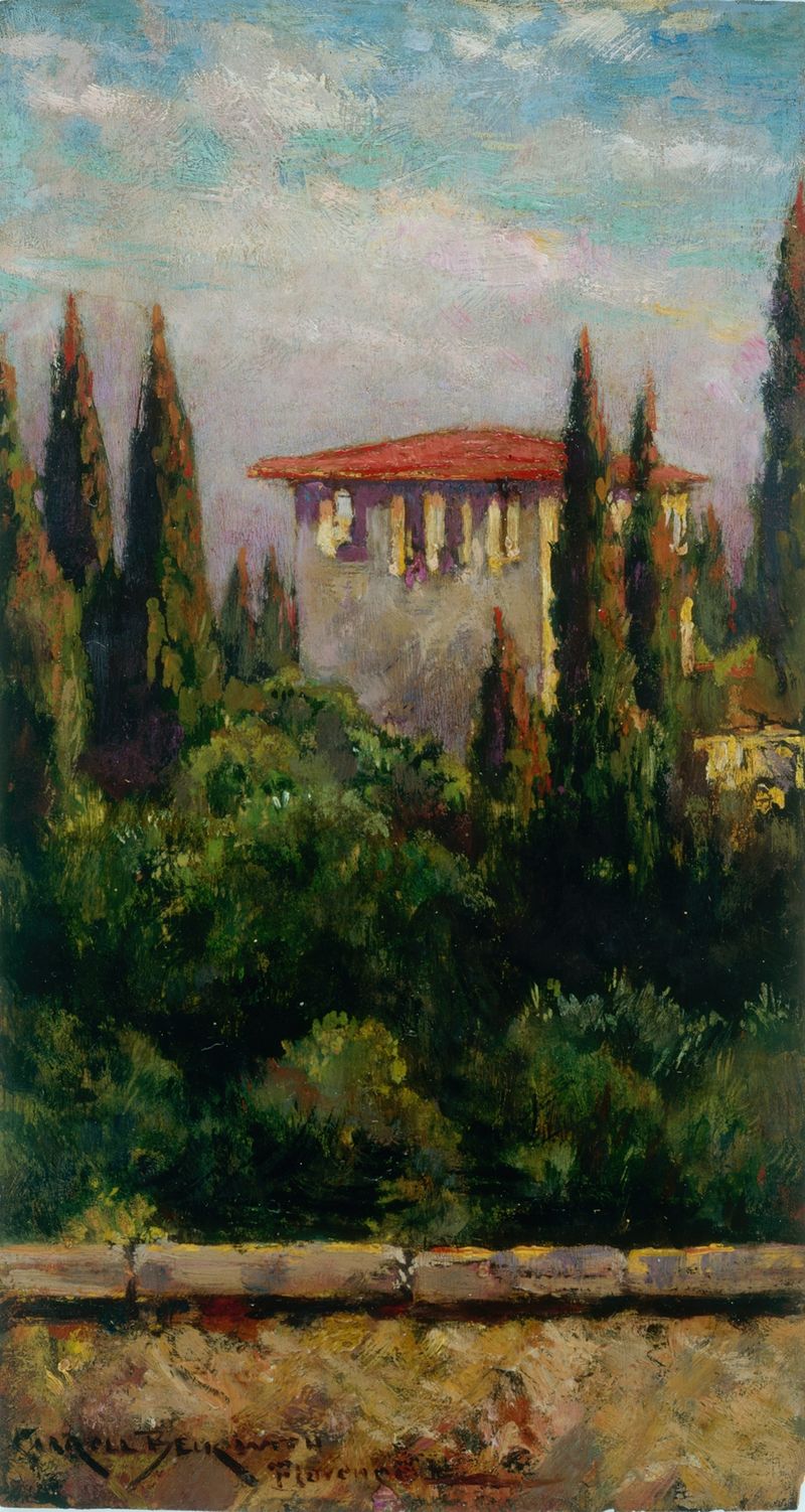 Pintura abstrata a óleo de James Carroll Beckwith com uma paleta suave e pinceladas em espiral.