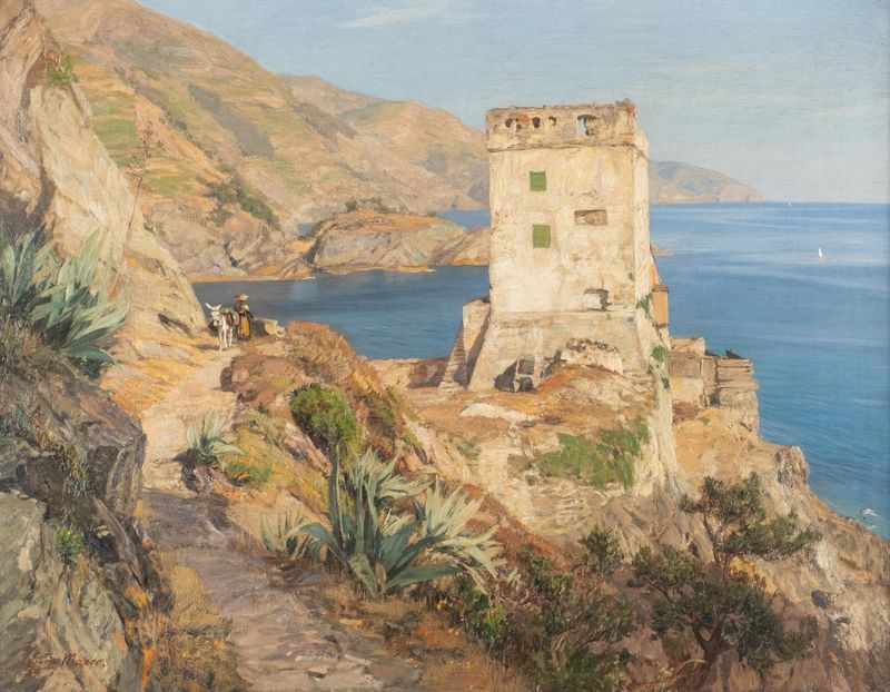 Marine scene of rocky coast at Monterosso by Georg Macco, impressionism