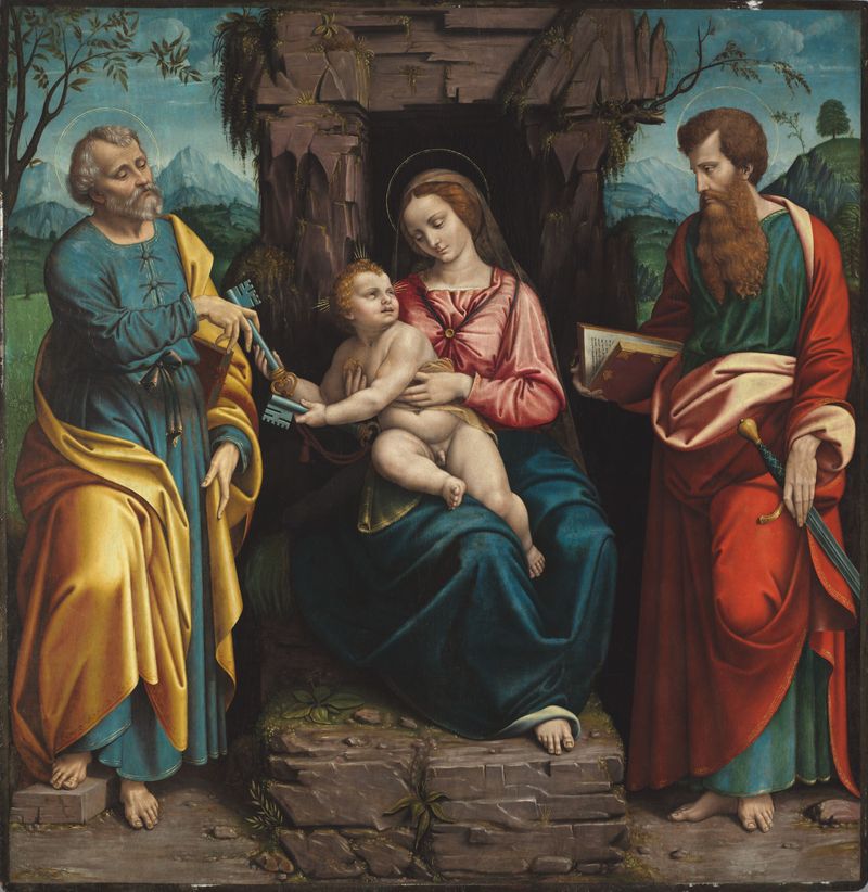 La Virgen y el Niño con los Santos Pedro y Pablo, óleo sobre panel de Girolamo Figino