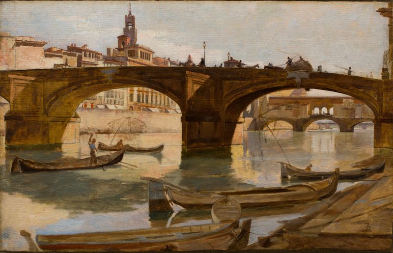 The Bridges; Florence by Frank Duveneck, oil on canvas depicting serene bridges over a river.