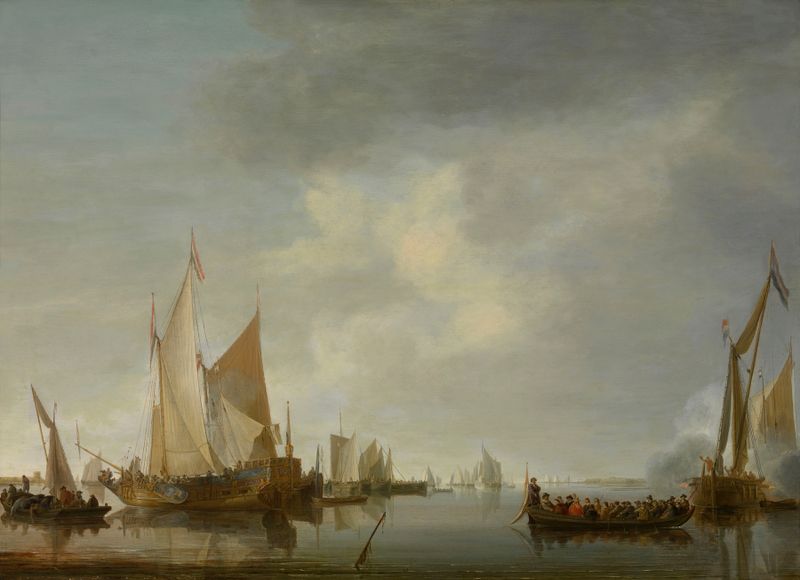 Oil painting by Jan van de Cappelle depicting a ship with sails on the ocean.