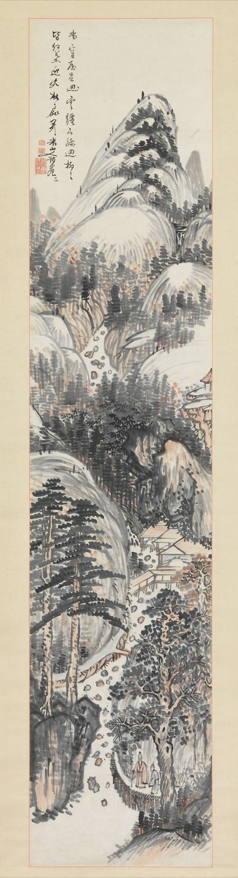 Two figures walking on a pathway surrounded by autumn leaves, ink on paper by Okada Beisanjin
