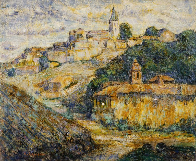 Twilight in Spain, óleo sobre tela de Ernest Lawson, retratando uma paisagem tranquila ao entardecer.